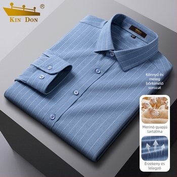 Gyapjú anyagú ing, csíkos mintával, hegyes gallérral, hosszú ujjú, bő szabás.