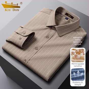 Gyapjú anyagú ing, csíkos mintával, hegyes gallérral, hosszú ujjú, bő szabás.