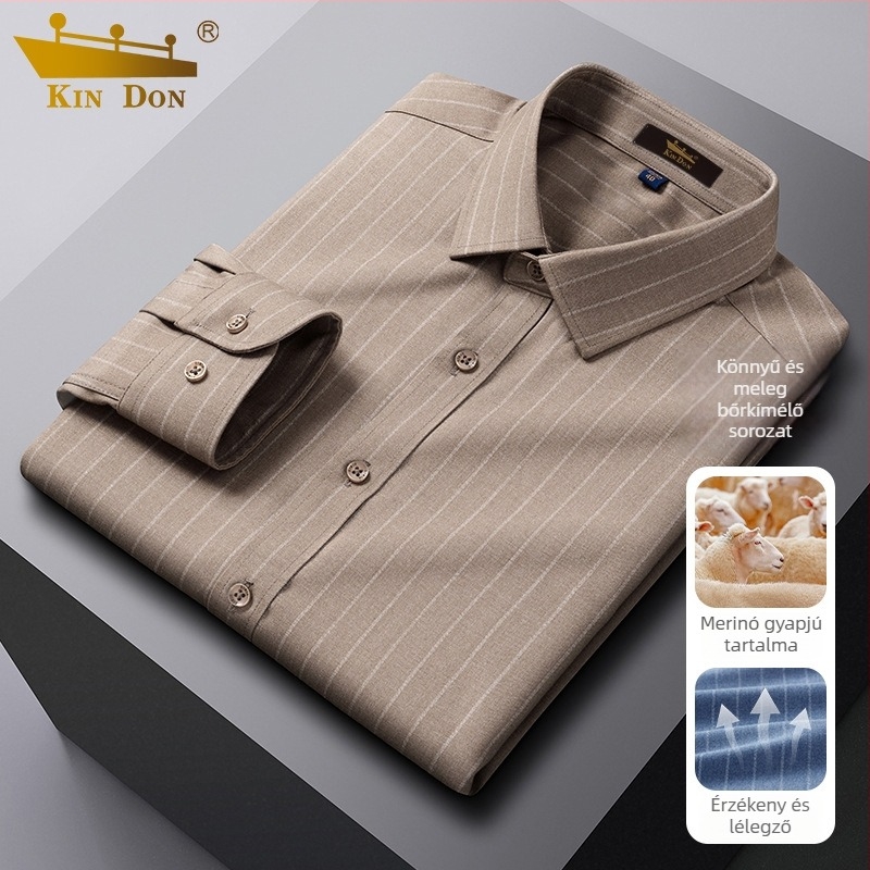 Gyapjú anyagú ing, csíkos mintával, hegyes gallérral, hosszú ujjú, bő szabás.