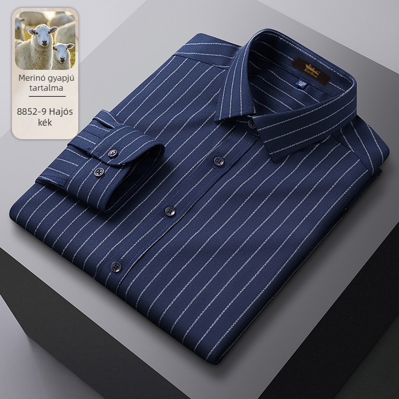 Gyapjú anyagú ing, csíkos mintával, hegyes gallérral, hosszú ujjú, bő szabás.