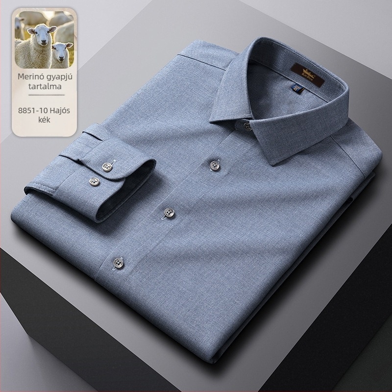 Gyapjú anyagú ing, csíkos mintával, hegyes gallérral, hosszú ujjú, bő szabás.