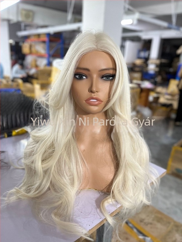 Elülső csipkés paróka U-formájú hajvonalval, magas koronás volumen, bolyhos nagy hullámok, teljesen kézzel készített, hosszú göndör haj ferde frufruval