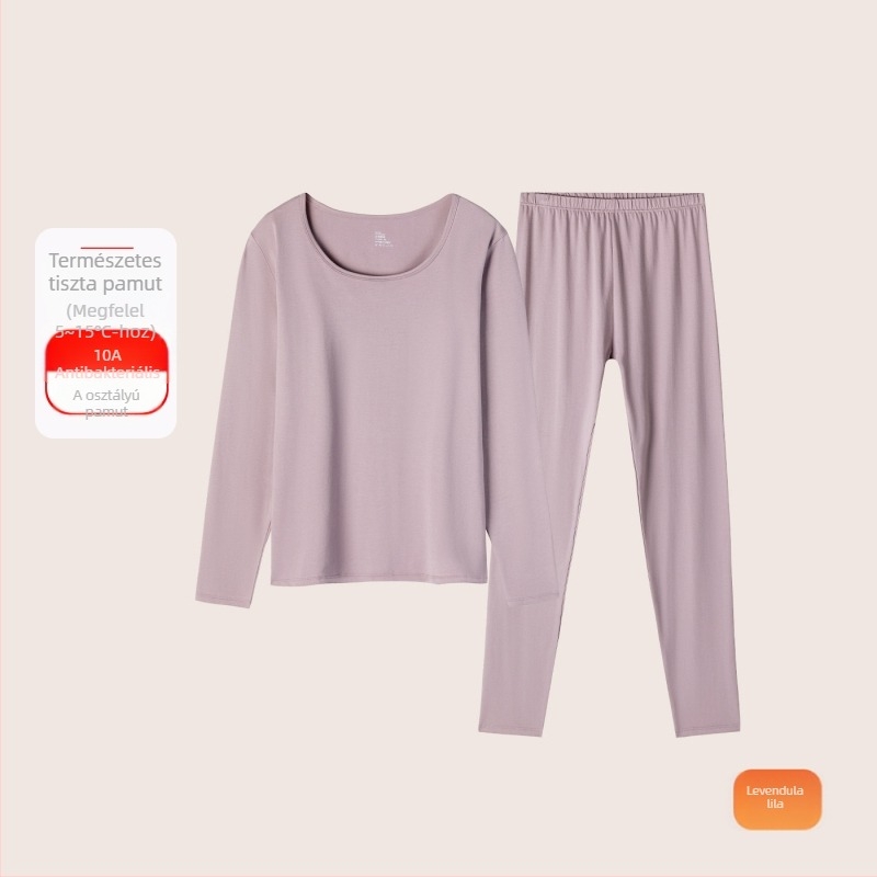 Női pamut termoalsó és felsőruha készlet: vékony anyag (121–140 g/m²), 95–100% pamut, kerek nyakú, hosszú ujjú felső és hozzá tartozó nadrág, alapréteg külső visehez