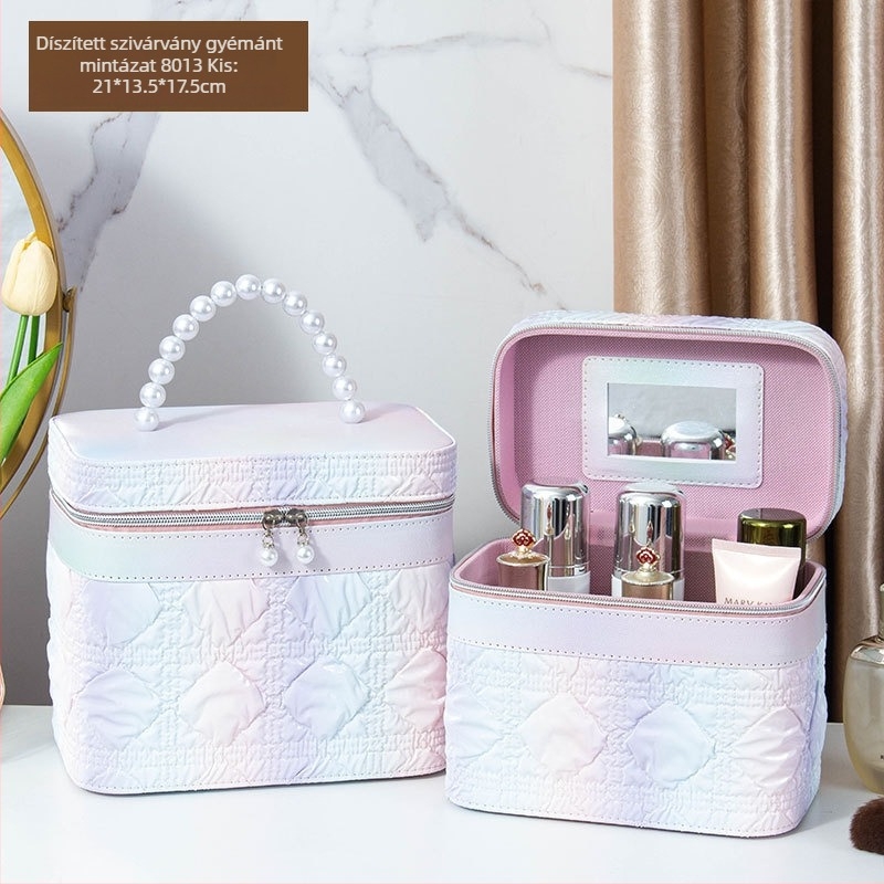 Tükörrel ellátott kozmetikai táska PVC anyagból, cipzáros nyitás, kockás minta, hordozható univerzális kerekekkel