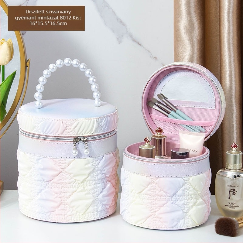 Tükörrel ellátott kozmetikai táska PVC anyagból, cipzáros nyitás, kockás minta, hordozható univerzális kerekekkel