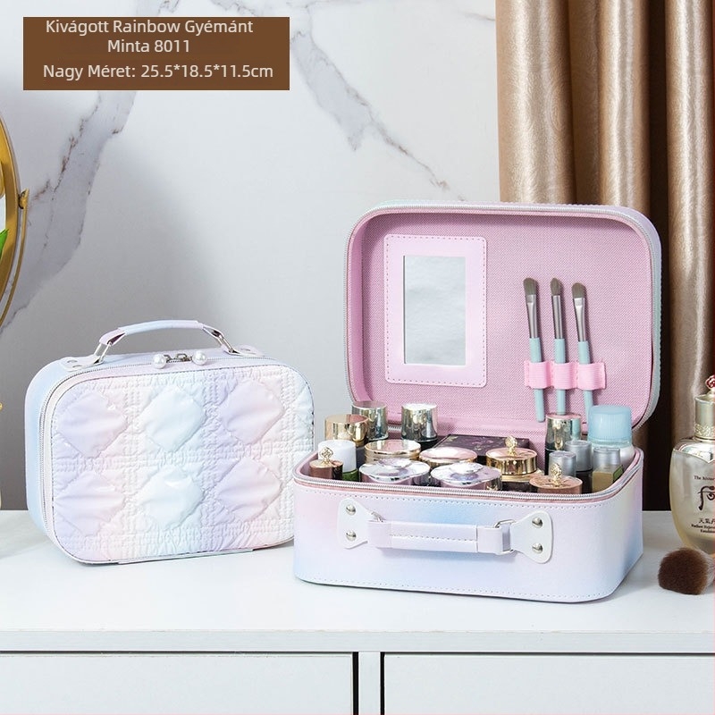 Tükörrel ellátott kozmetikai táska PVC anyagból, cipzáros nyitás, kockás minta, hordozható univerzális kerekekkel