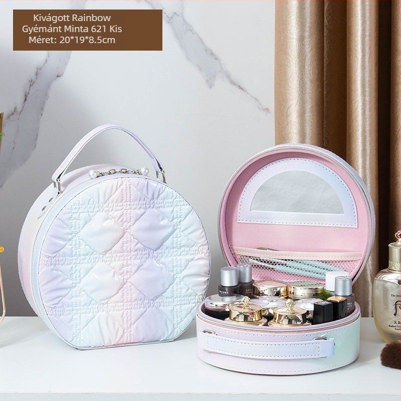 Tükörrel ellátott kozmetikai táska PVC anyagból, cipzáros nyitás, kockás minta, hordozható univerzális kerekekkel