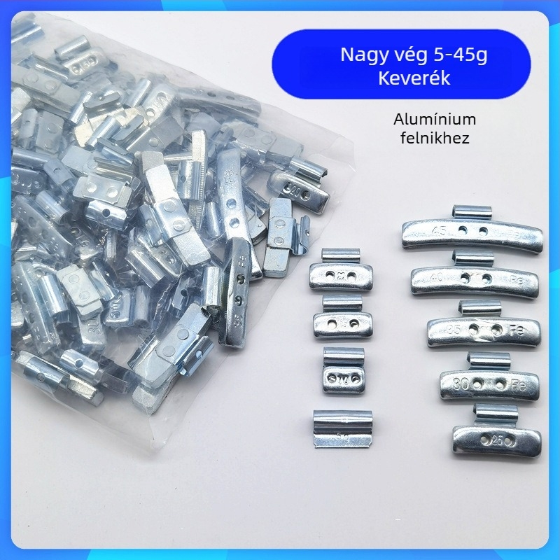 Autógumi kiegyensúlyozó blokk készlet, vegyes nyílásméretekkel, alumínium‑ötvözet és vas‑acél felni kampók