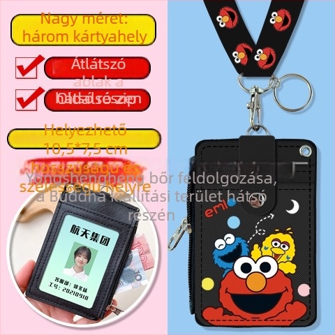 Cartoon többfunkciós diák nyakba akasztott kártyatartó cipzáros aprópénz-táskával — PU bőr, anime minta, semleges nemeknek, városi letisztult stílus, 2024 tavasz