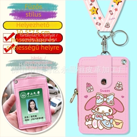 Cartoon többfunkciós diák nyakba akasztott kártyatartó cipzáros aprópénz-táskával — PU bőr, anime minta, semleges nemeknek, városi letisztult stílus, 2024 tavasz