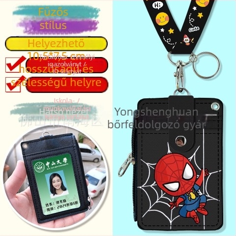 Cartoon többfunkciós diák nyakba akasztott kártyatartó cipzáros aprópénz-táskával — PU bőr, anime minta, semleges nemeknek, városi letisztult stílus, 2024 tavasz