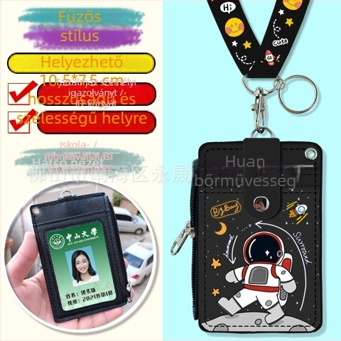 Cartoon többfunkciós diák nyakba akasztott kártyatartó cipzáros aprópénz-táskával — PU bőr, anime minta, semleges nemeknek, városi letisztult stílus, 2024 tavasz