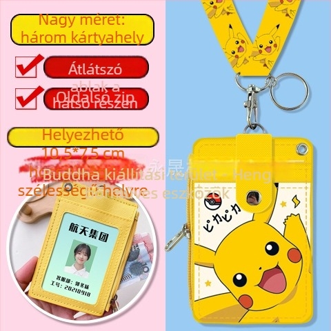 Cartoon többfunkciós diák nyakba akasztott kártyatartó cipzáros aprópénz-táskával — PU bőr, anime minta, semleges nemeknek, városi letisztult stílus, 2024 tavasz