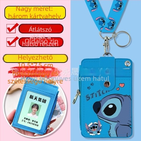 Cartoon többfunkciós diák nyakba akasztott kártyatartó cipzáros aprópénz-táskával — PU bőr, anime minta, semleges nemeknek, városi letisztult stílus, 2024 tavasz