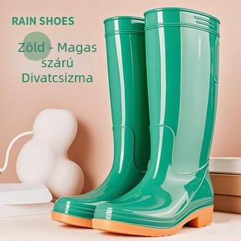 Női esőcsizma PVC felsőrésszel, középmagas szár, vízálló és csúszásmentes talppal, pamut bélésű.