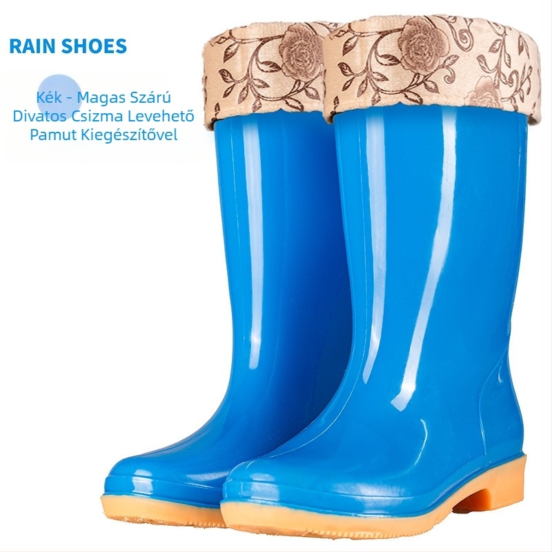 Női esőcsizma PVC felsőrésszel, középmagas szár, vízálló és csúszásmentes talppal, pamut bélésű.