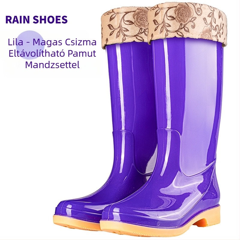 Női esőcsizma PVC felsőrésszel, középmagas szár, vízálló és csúszásmentes talppal, pamut bélésű.