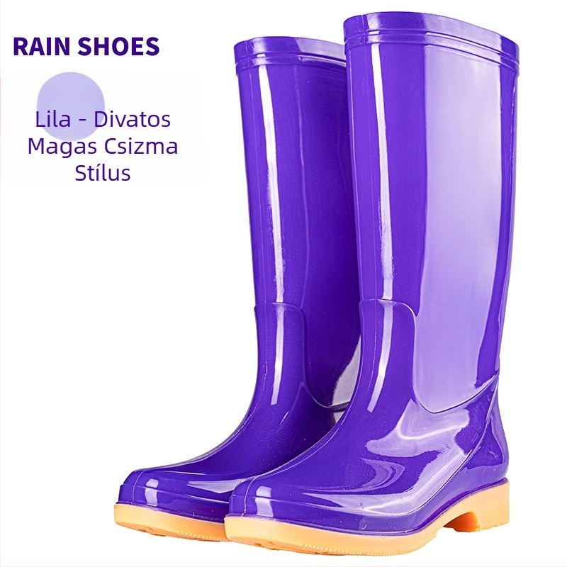 Női esőcsizma PVC felsőrésszel, középmagas szár, vízálló és csúszásmentes talppal, pamut bélésű.
