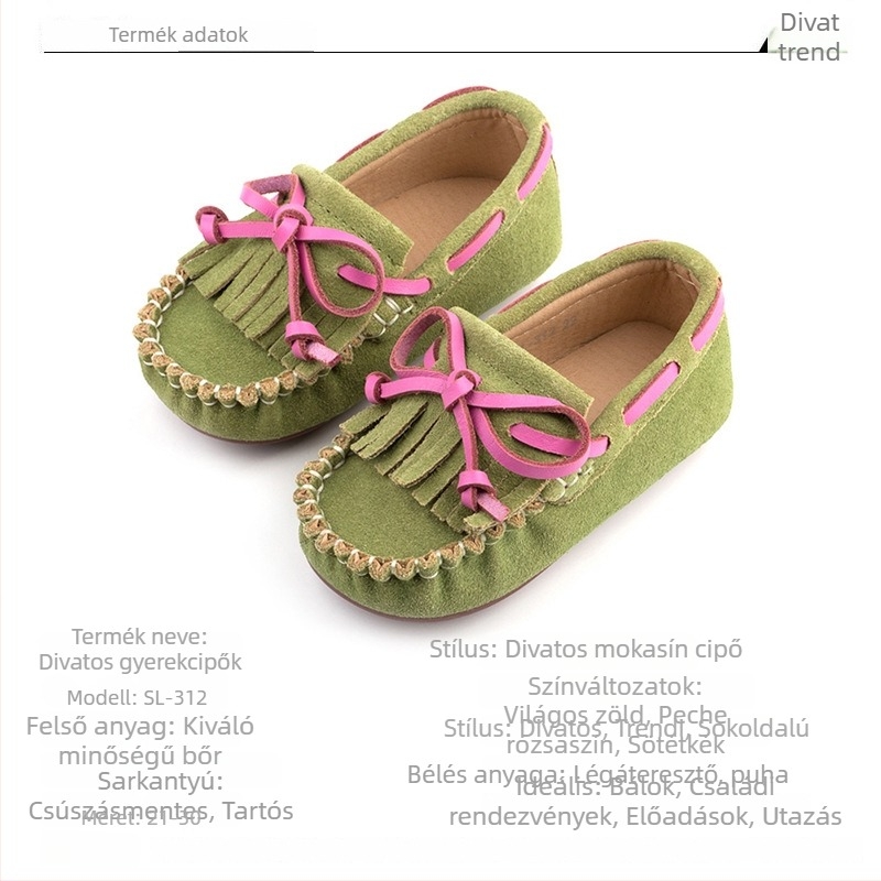 Gyerekeknek készült mokaszín, felső rész valódi bőr, gumírozott talp, négyzetes orr, brit stílusú hercegnő dizájn