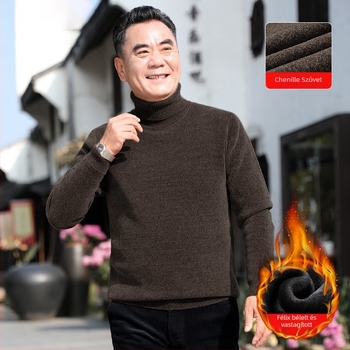 Férfi chenille kötött pulóver magas gallérral, fleece-bélés, vastagított kivitel, hosszú ujjú, 85% poliészter.