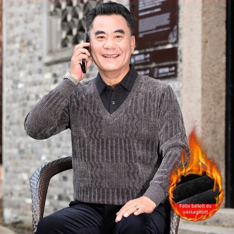 Férfi chenille kötött pulóver magas gallérral, fleece-bélés, vastagított kivitel, hosszú ujjú, 85% poliészter.