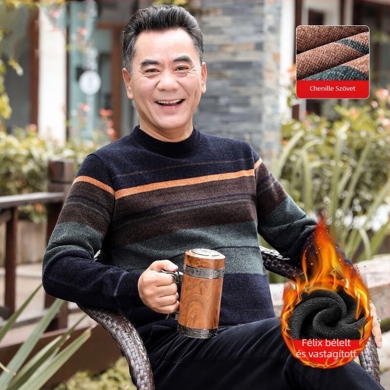 Férfi chenille kötött pulóver magas gallérral, fleece-bélés, vastagított kivitel, hosszú ujjú, 85% poliészter.