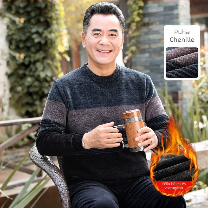 Férfi chenille kötött pulóver magas gallérral, fleece-bélés, vastagított kivitel, hosszú ujjú, 85% poliészter.