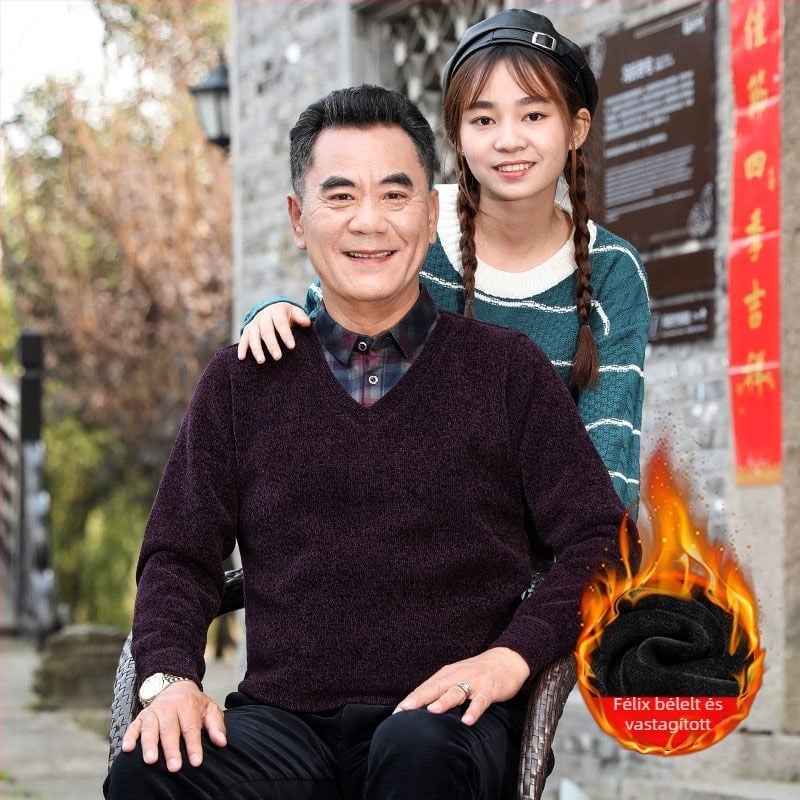 Férfi chenille kötött pulóver magas gallérral, fleece-bélés, vastagított kivitel, hosszú ujjú, 85% poliészter.