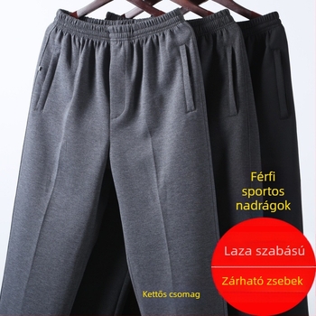 Férfiaknak szabadidős nadrág, magas derekú, fleece-béléssel, laza szabású, egyenes szár, poliészter anyag