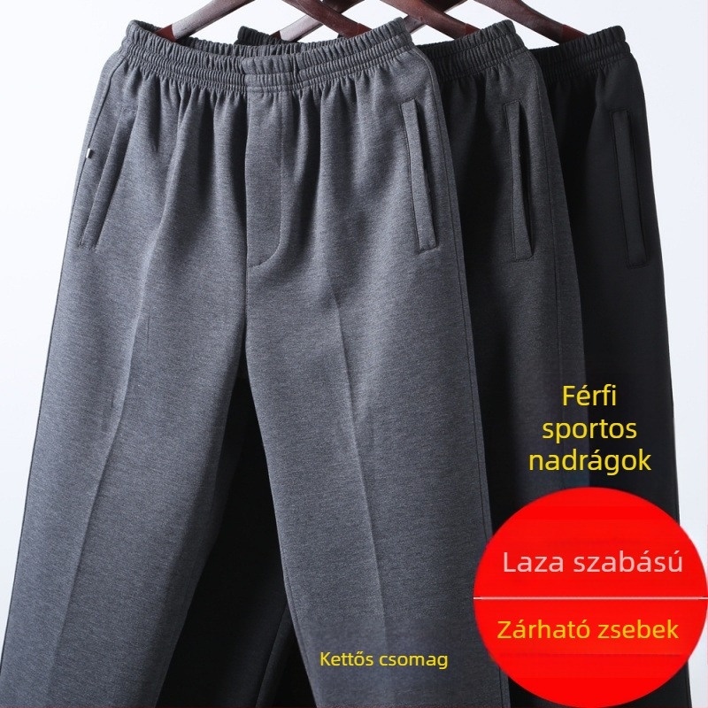 Férfiaknak szabadidős nadrág, magas derekú, fleece-béléssel, laza szabású, egyenes szár, poliészter anyag