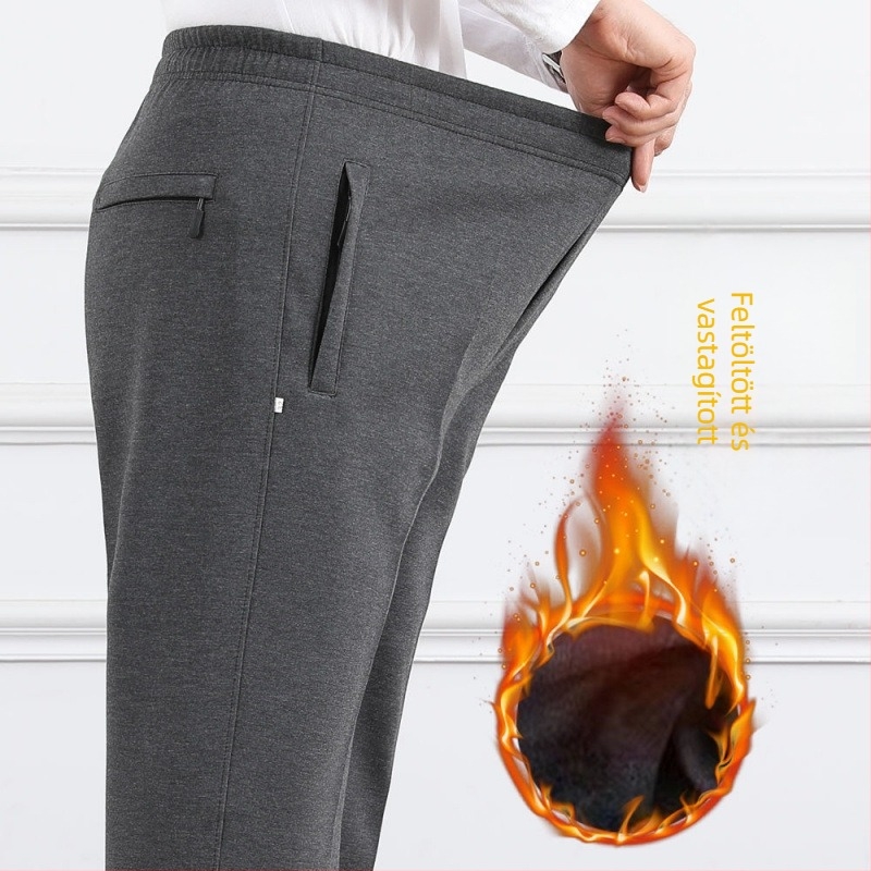Férfiaknak szabadidős nadrág, magas derekú, fleece-béléssel, laza szabású, egyenes szár, poliészter anyag