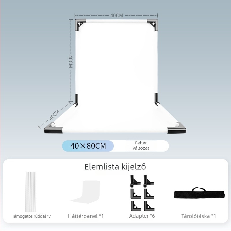 Termékfotózáshoz háttérállvány, fém és PVC, súly 1 kg, tartozékok: tartó rúd, adapter, háttérlemez, hordtáska, használati útmutató