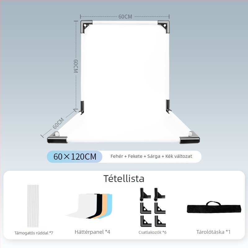 Termékfotózáshoz háttérállvány, fém és PVC, súly 1 kg, tartozékok: tartó rúd, adapter, háttérlemez, hordtáska, használati útmutató