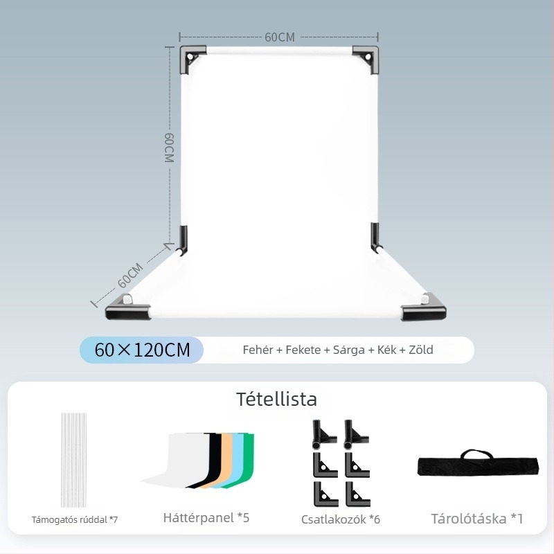 Termékfotózáshoz háttérállvány, fém és PVC, súly 1 kg, tartozékok: tartó rúd, adapter, háttérlemez, hordtáska, használati útmutató