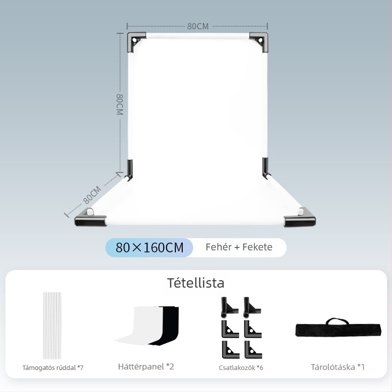 Termékfotózáshoz háttérállvány, fém és PVC, súly 1 kg, tartozékok: tartó rúd, adapter, háttérlemez, hordtáska, használati útmutató