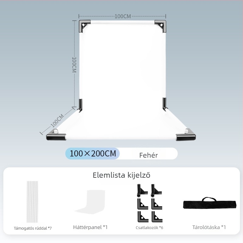 Termékfotózáshoz háttérállvány, fém és PVC, súly 1 kg, tartozékok: tartó rúd, adapter, háttérlemez, hordtáska, használati útmutató