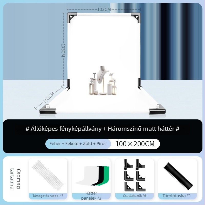 Termékfotózáshoz háttérállvány, fém és PVC, súly 1 kg, tartozékok: tartó rúd, adapter, háttérlemez, hordtáska, használati útmutató