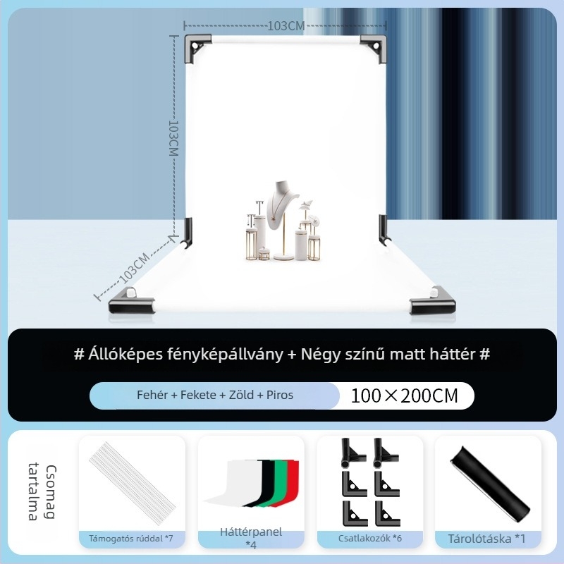 Termékfotózáshoz háttérállvány, fém és PVC, súly 1 kg, tartozékok: tartó rúd, adapter, háttérlemez, hordtáska, használati útmutató