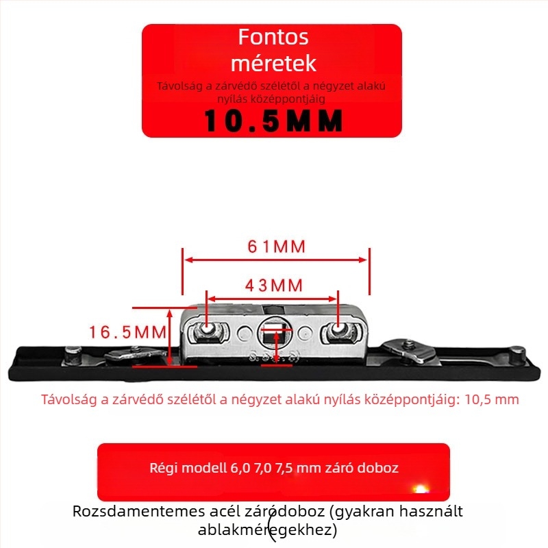 Alumíniumötvözetű bukóablak zárdoboza: átviteli zártest és teleszkópos zár, összekötő záralkatrészek