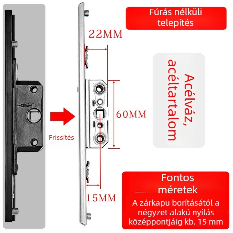 Alumíniumötvözetű bukóablak zárdoboza: átviteli zártest és teleszkópos zár, összekötő záralkatrészek