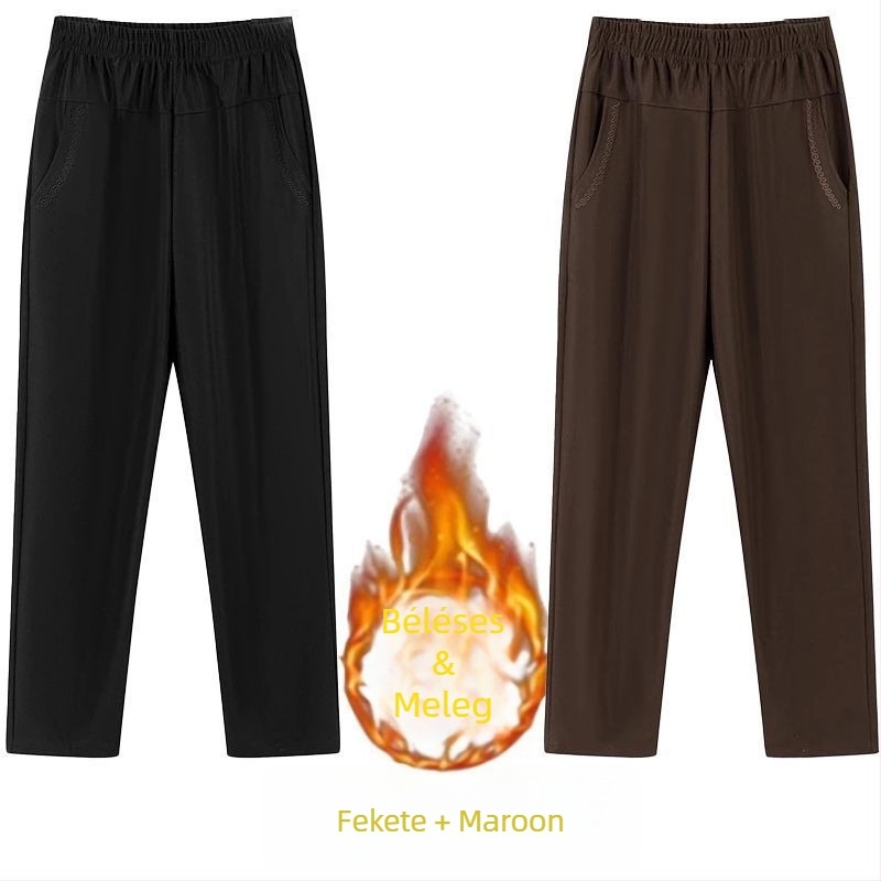 Középkorú nőknek egyenes, mindennapi nadrág, magas derékkal, vastag fleece bélés, bambusz/Lyocell anyag