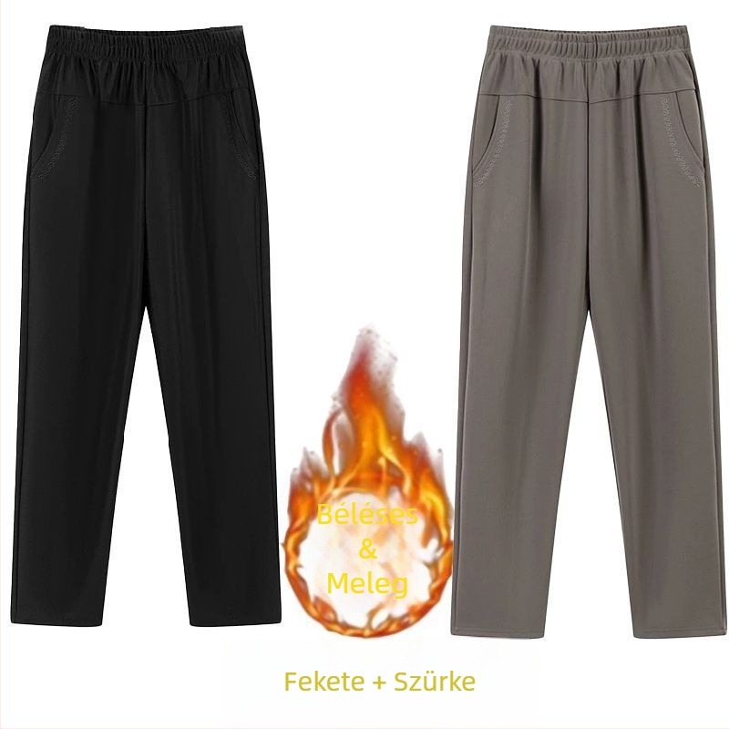 Középkorú nőknek egyenes, mindennapi nadrág, magas derékkal, vastag fleece bélés, bambusz/Lyocell anyag