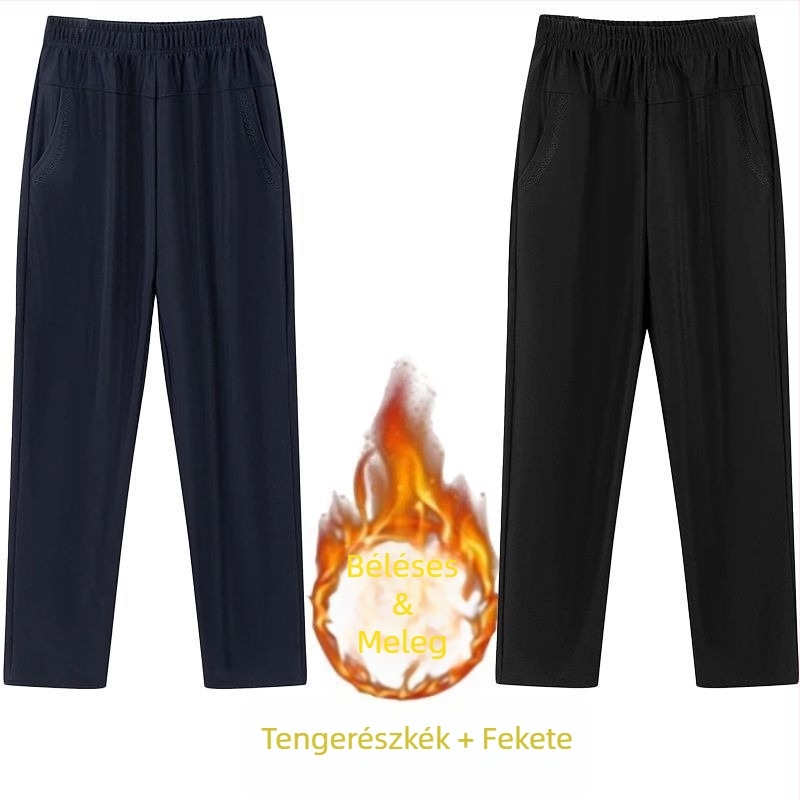 Középkorú nőknek egyenes, mindennapi nadrág, magas derékkal, vastag fleece bélés, bambusz/Lyocell anyag