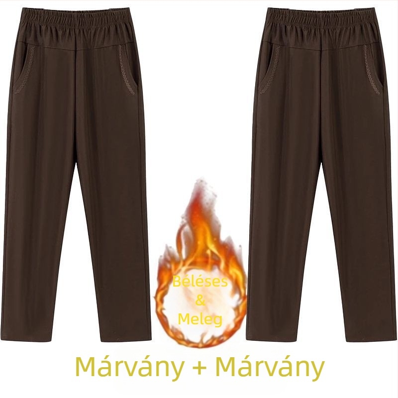 Középkorú nőknek egyenes, mindennapi nadrág, magas derékkal, vastag fleece bélés, bambusz/Lyocell anyag
