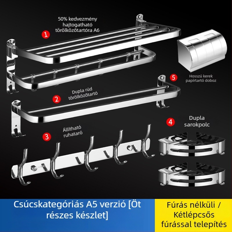 304 rozsdamentes acél törölközőtartó, polírozott felület, hat darabos készlet, modern minimalista fürdőszoba