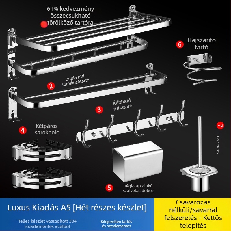 304 rozsdamentes acél törölközőtartó, polírozott felület, hat darabos készlet, modern minimalista fürdőszoba