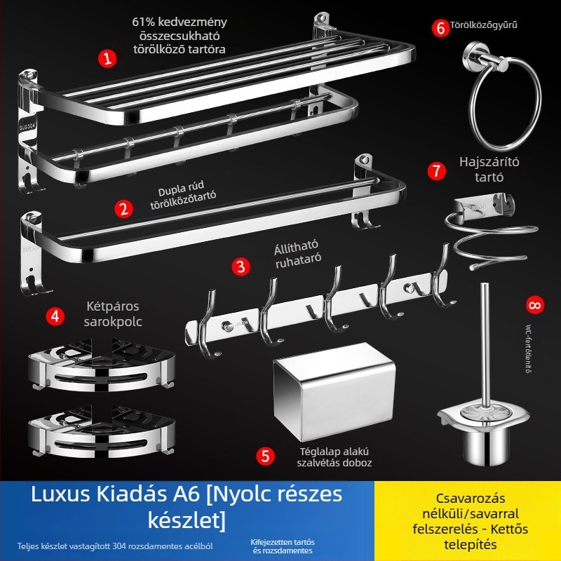 304 rozsdamentes acél törölközőtartó, polírozott felület, hat darabos készlet, modern minimalista fürdőszoba