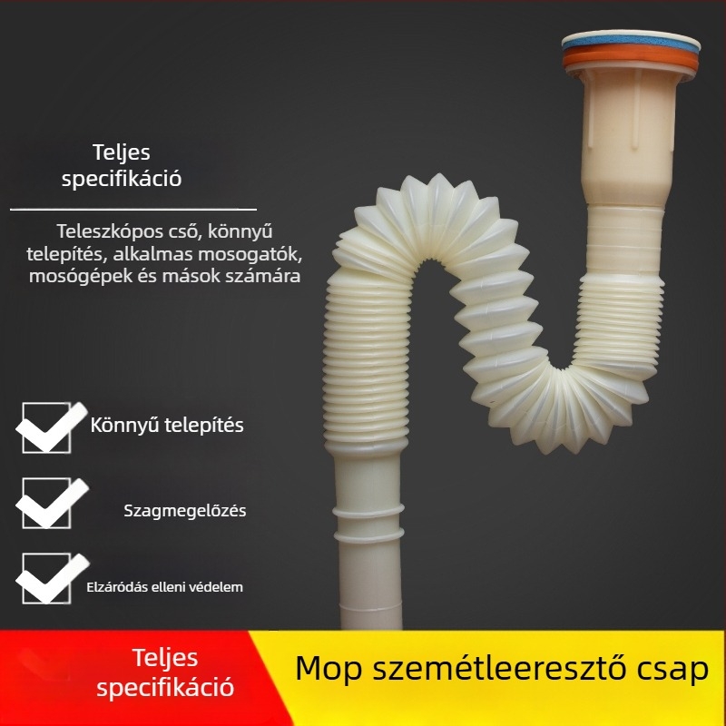 Mopp mosogatóhoz és különböző mosdókagylókhoz univerzális lefolyó készlet, P-íves lefolyócső, CE tanúsítvány, univerzális kiegészítő készlet