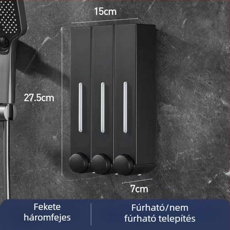 Falra szerelhető szappanadagoló hotel számára, fúrás nélkül, szampon és tusfürdő számára, kézi nyomású működés, ABS anyag, injekciós öntés, modern minimalista stílus