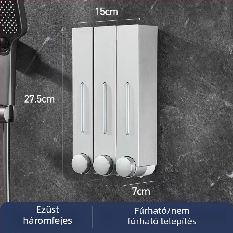 Falra szerelhető szappanadagoló hotel számára, fúrás nélkül, szampon és tusfürdő számára, kézi nyomású működés, ABS anyag, injekciós öntés, modern minimalista stílus